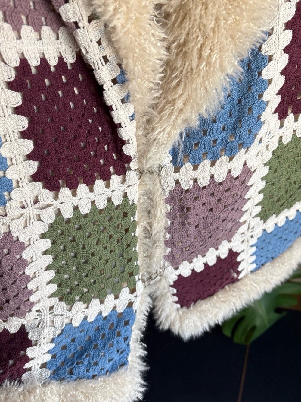 Patchwork Crochet Jacket with Faux Fur Trim - Multicolor - Picture 3 of 5